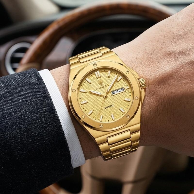 Relógio masculino Poedagar Majesty Gold em aço inoxidável, mostrador dourado — detalhe do design