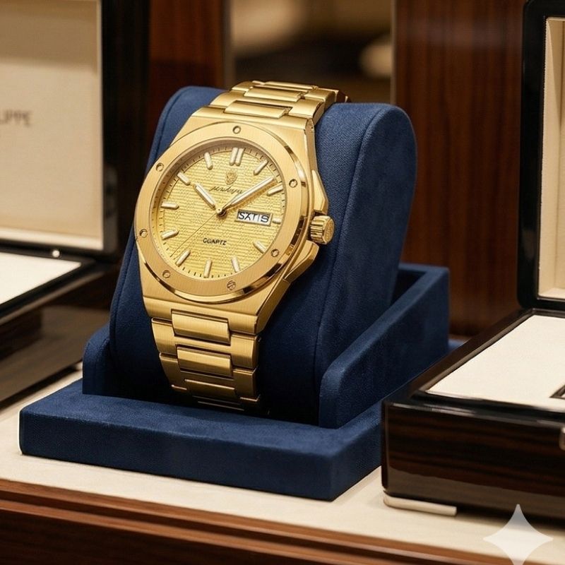 Relógio masculino Poedagar Majesty Gold em aço inoxidável, mostrador dourado — vista do conjunto