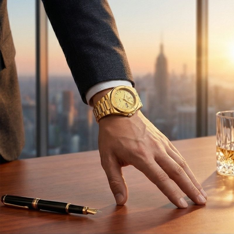 Relógio masculino Poedagar Majesty Gold em aço inoxidável, mostrador dourado — detalhe do acabamento