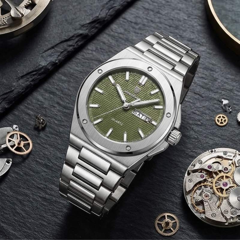 Relógio masculino Poedagar Majesty Silver Green em aço inoxidável, mostrador verde — outro ângulo