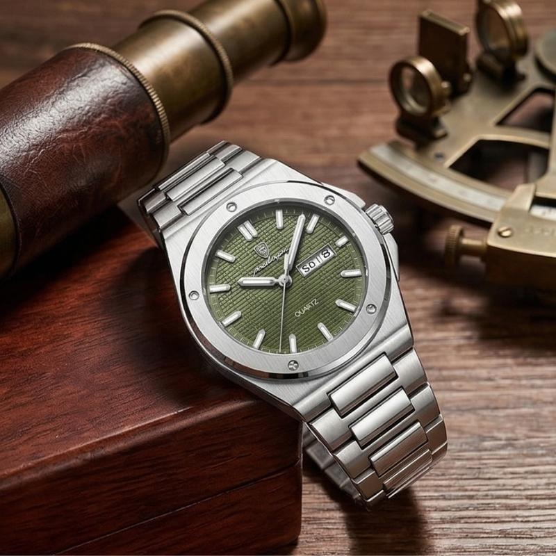 Relógio masculino Poedagar Majesty Silver Green em aço inoxidável, mostrador verde — detalhe do design