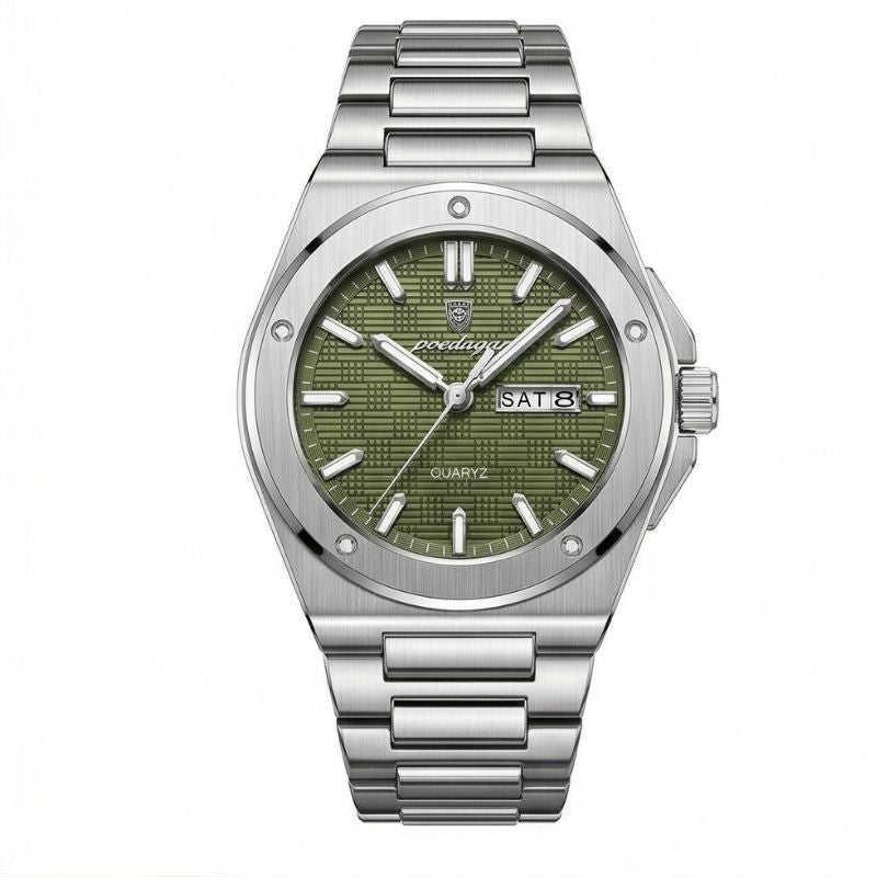 Relógio masculino Poedagar Majesty Silver Green em aço inoxidável, mostrador verde