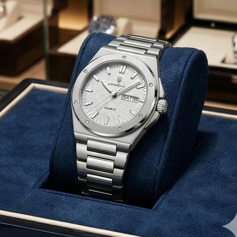 Relógio masculino Poedagar Majesty Silver White em aço inoxidável, mostrador branco — detalhe do design