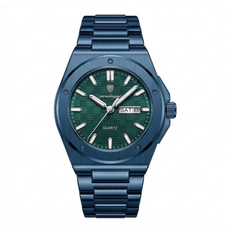 Relógio masculino Poedagar Majesty Total Blue em aço inoxidável, mostrador azul