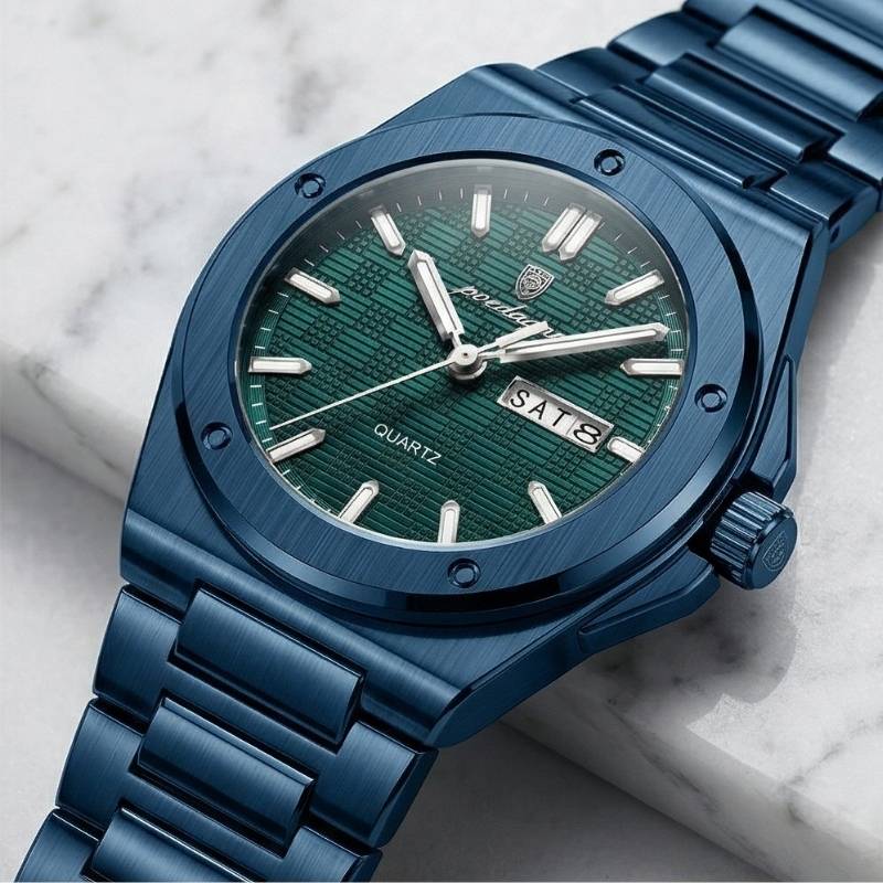 Relógio masculino Poedagar Majesty Total Blue em aço inoxidável, mostrador azul — outro ângulo