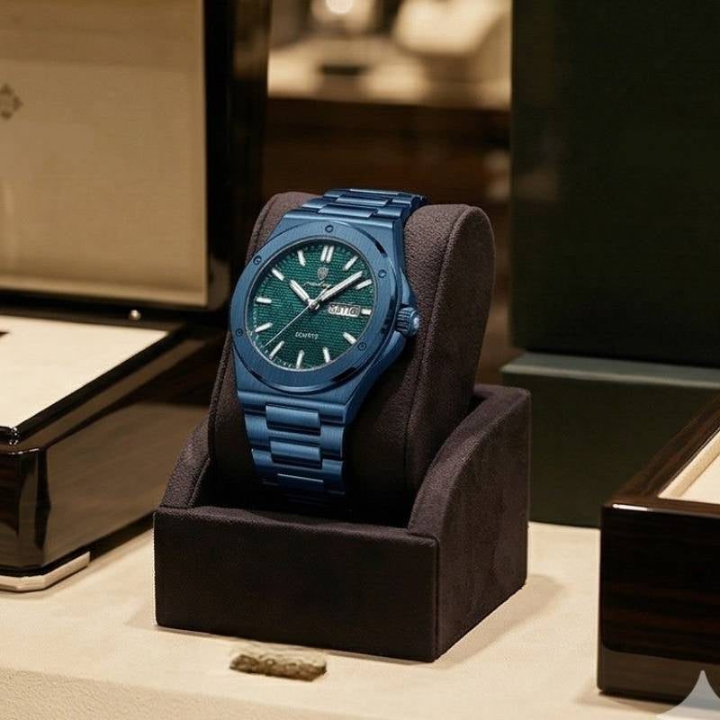 Relógio masculino Poedagar Majesty Total Blue em aço inoxidável, mostrador azul — vista do conjunto