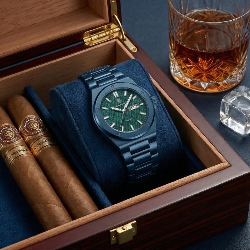 Relógio masculino Poedagar Majesty Total Blue em aço inoxidável, mostrador azul — detalhe do design