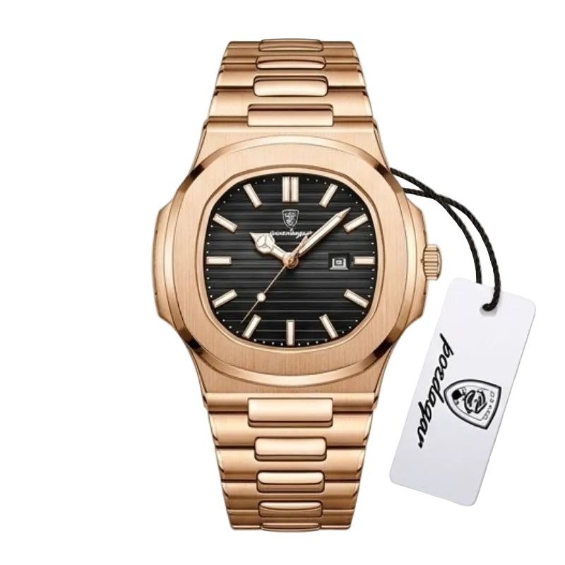 Relógio masculino Poedagar Nautilus Rose Black em aço inoxidável, mostrador preto