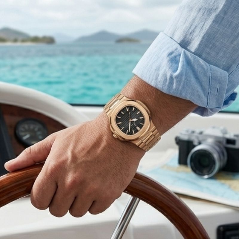 Relógio masculino Poedagar Nautilus Rose Black em aço inoxidável, mostrador preto — vista detalhada