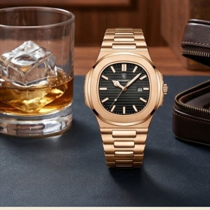 Relógio masculino Poedagar Nautilus Rose Black em aço inoxidável, mostrador preto — outro ângulo