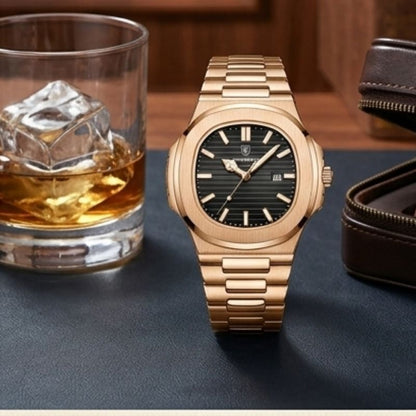 Relógio masculino Poedagar Nautilus Rose Black em aço inoxidável, mostrador preto — outro ângulo