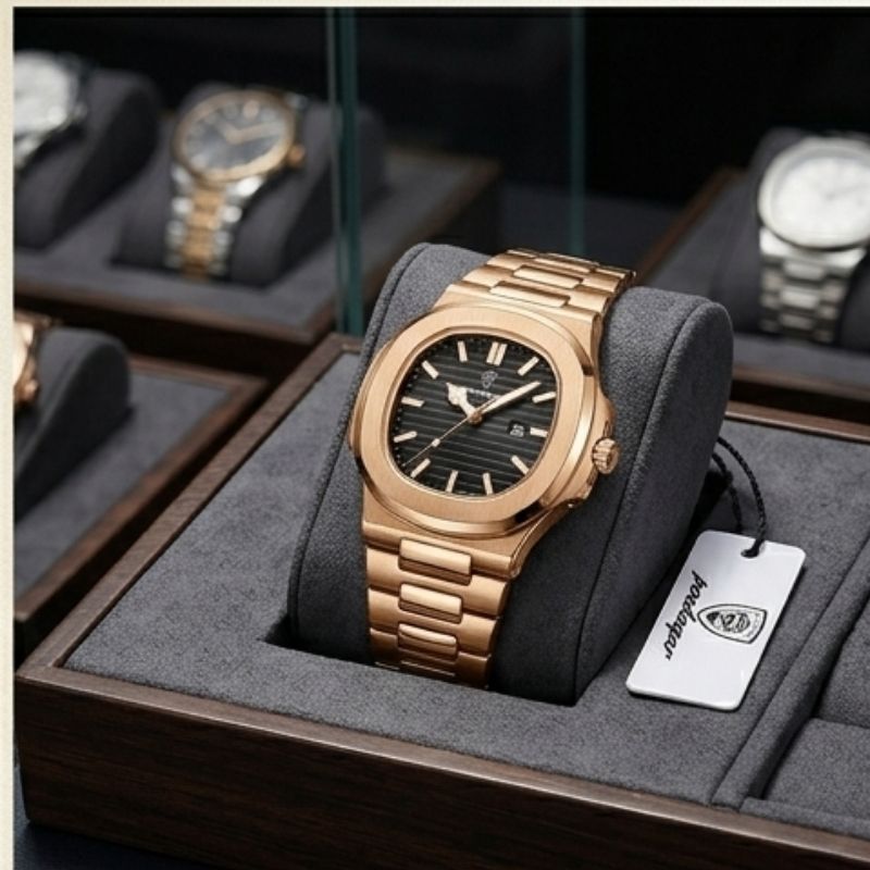 Relógio masculino Poedagar Nautilus Rose Black em aço inoxidável, mostrador preto — vista do conjunto