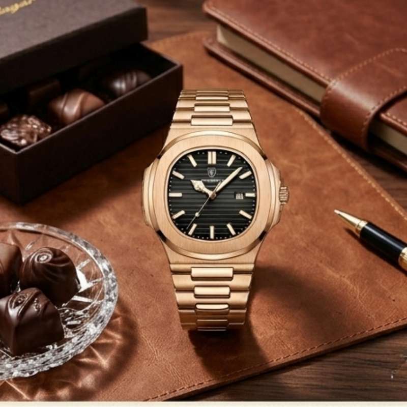 Relógio masculino Poedagar Nautilus Rose Black em aço inoxidável, mostrador preto — detalhe do design