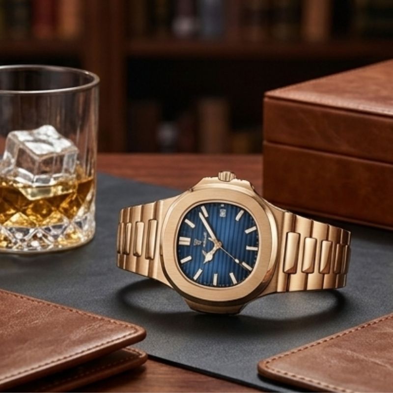 Relógio masculino Poedagar Nautilus Rose Blue em aço inoxidável, mostrador azul — detalhe do acabamento