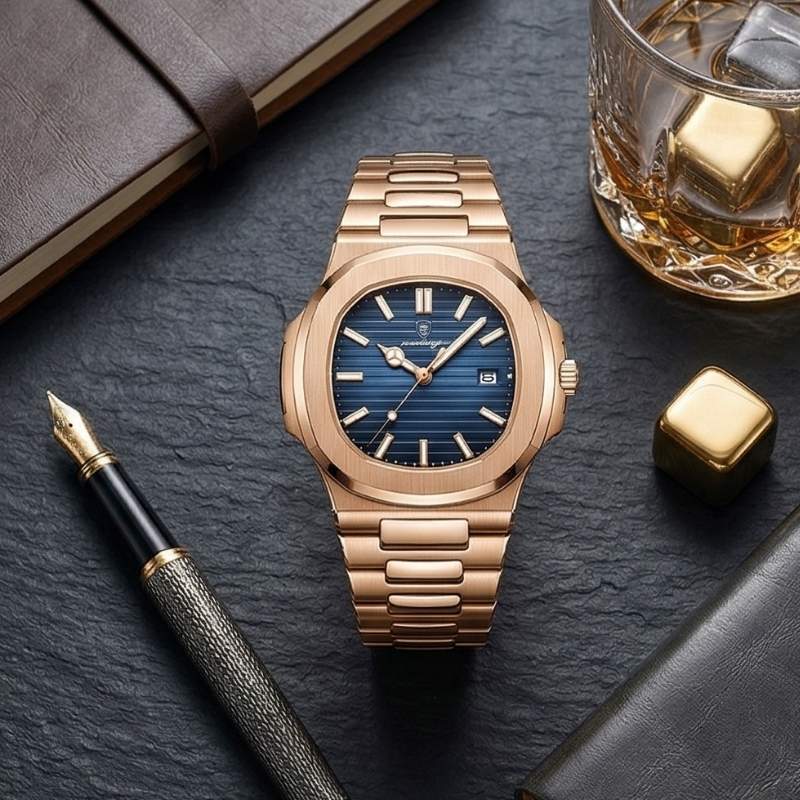 Relógio masculino Poedagar Nautilus Rose Blue em aço inoxidável, mostrador azul — vista do conjunto