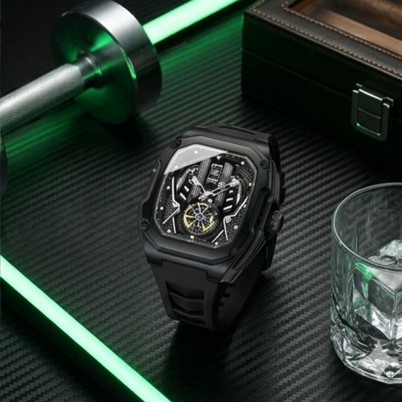 Relógio masculino Poedagar Velocity Black em silicone, mostrador preto — vista frontal
