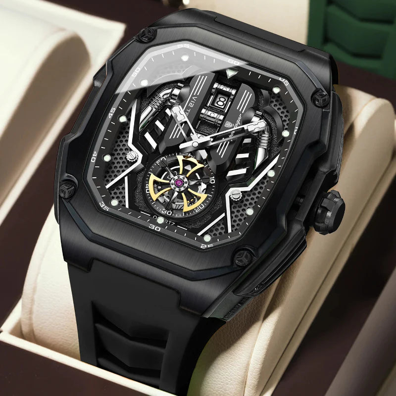 Relógio masculino Poedagar Velocity Black em silicone, mostrador preto — outro ângulo
