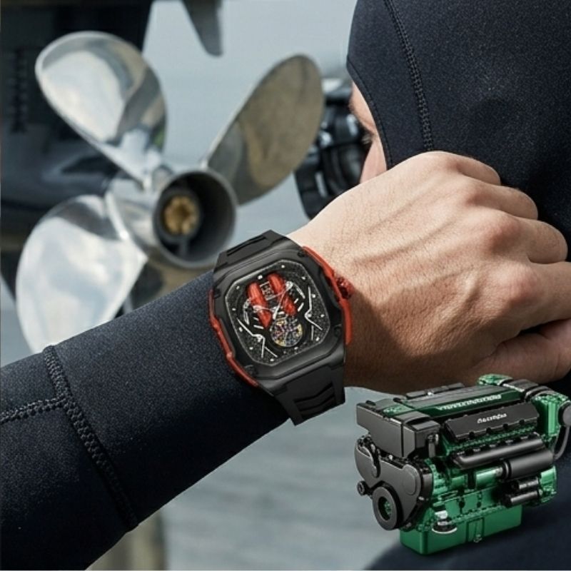 Relógio masculino Poedagar Velocity Black Red em silicone, mostrador vermelho — vista detalhada