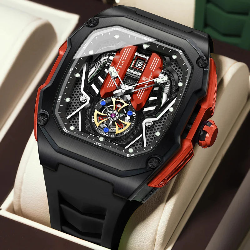 Relógio masculino Poedagar Velocity Black Red em silicone, mostrador vermelho — outro ângulo