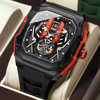 Relógio masculino Poedagar Velocity Black Red em silicone, mostrador vermelho — outro ângulo