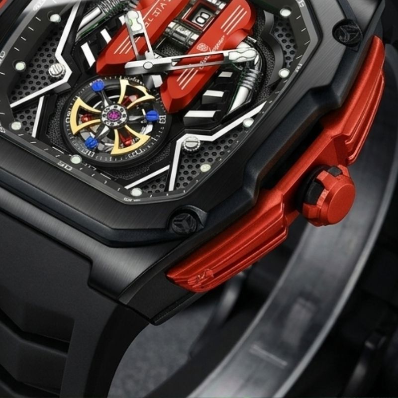 Relógio masculino Poedagar Velocity Black Red em silicone, mostrador vermelho — detalhe do acabamento