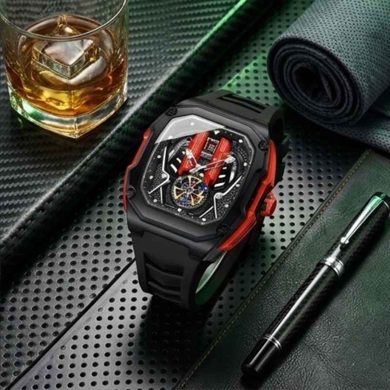 Relógio masculino Poedagar Velocity Black Red em silicone, mostrador vermelho — vista do conjunto