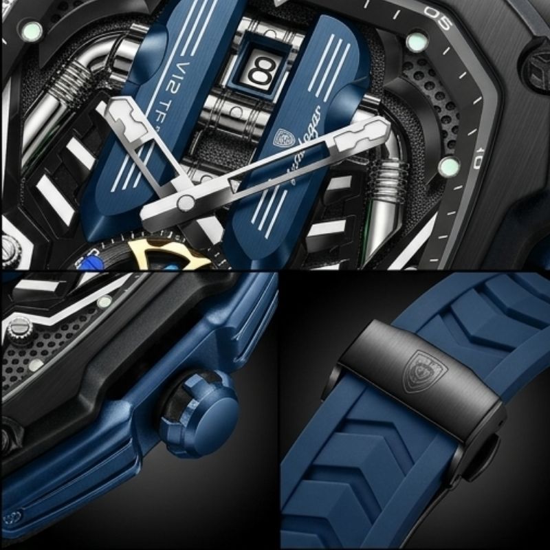 Relógio masculino Poedagar Velocity Blue em silicone, mostrador azul — detalhe do acabamento