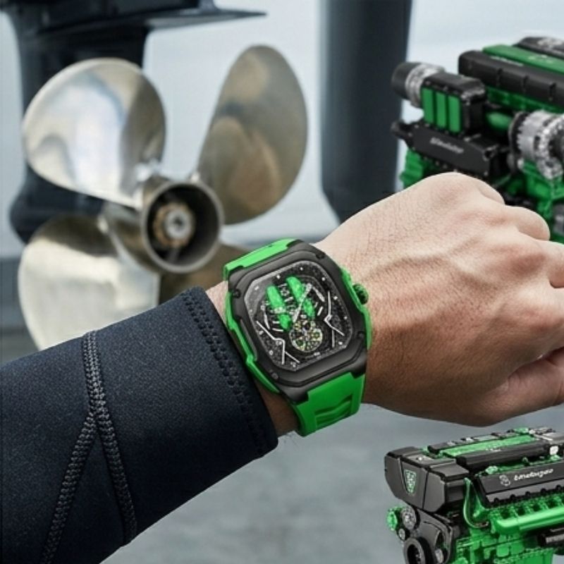 Relógio masculino Poedagar Velocity Green em silicone, mostrador verde — vista detalhada