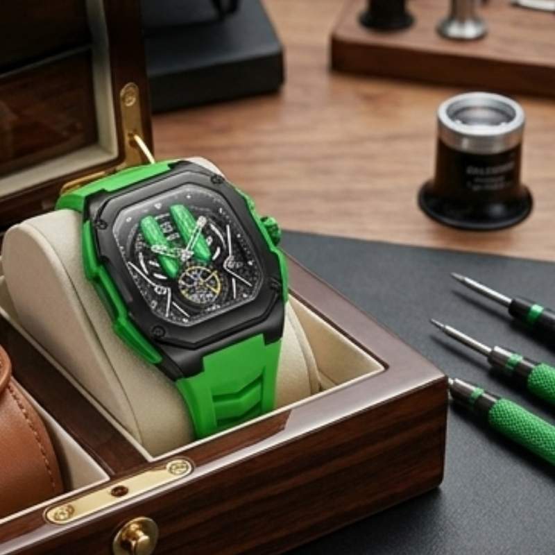 Relógio masculino Poedagar Velocity Green em silicone, mostrador verde — vista do conjunto