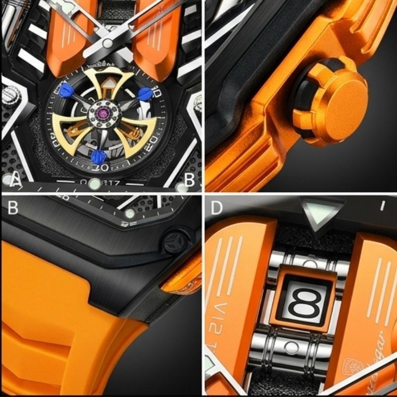 Relógio masculino Poedagar Velocity Orange em silicone, mostrador laranja — detalhe do acabamento