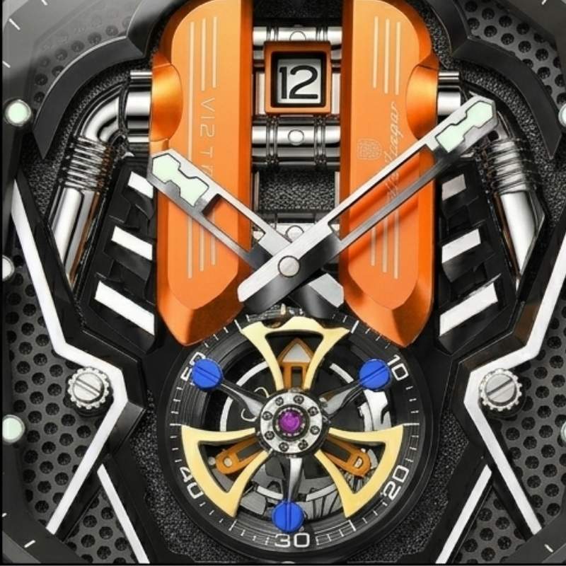 Relógio masculino Poedagar Velocity Orange em silicone, mostrador laranja — vista do conjunto