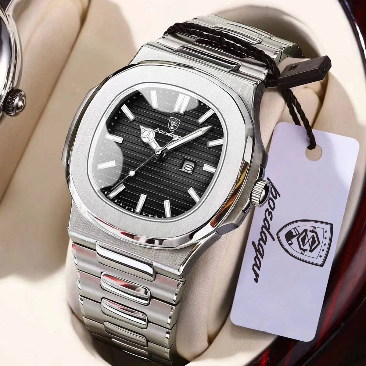 Relógio masculino Poedagar Nautilus Black em aço inoxidável, mostrador preto — detalhe do design