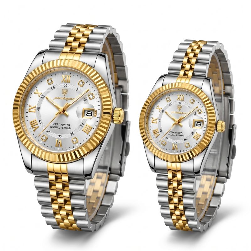 Relógio masculino Poedagar Royal Duo Gold White em aço inoxidável, mostrador branco