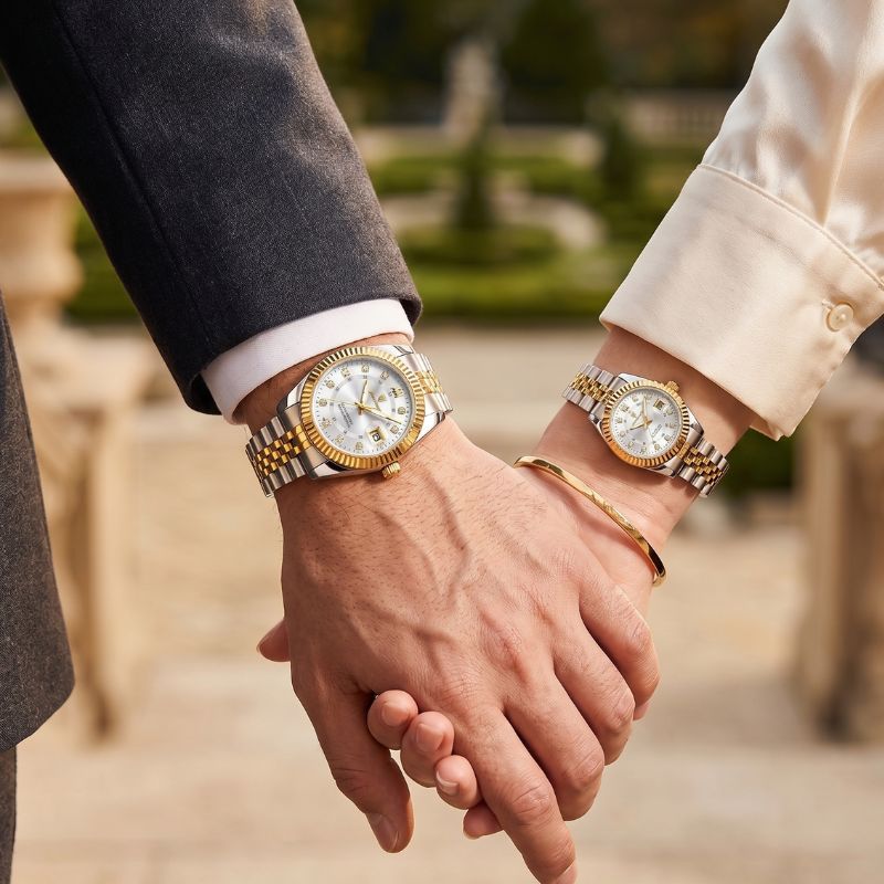 Relógios Poedagar Royal Duo Gold White para casal — design masculino e feminino