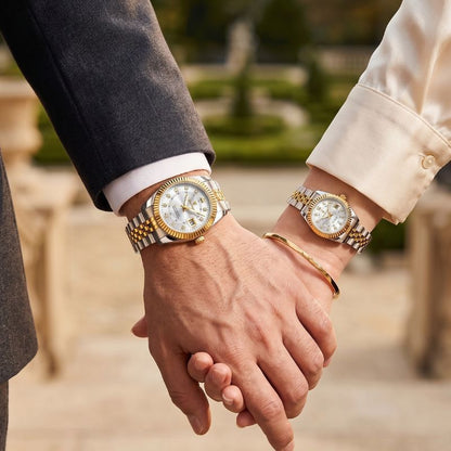 Relógios Poedagar Royal Duo Gold White para casal — design masculino e feminino