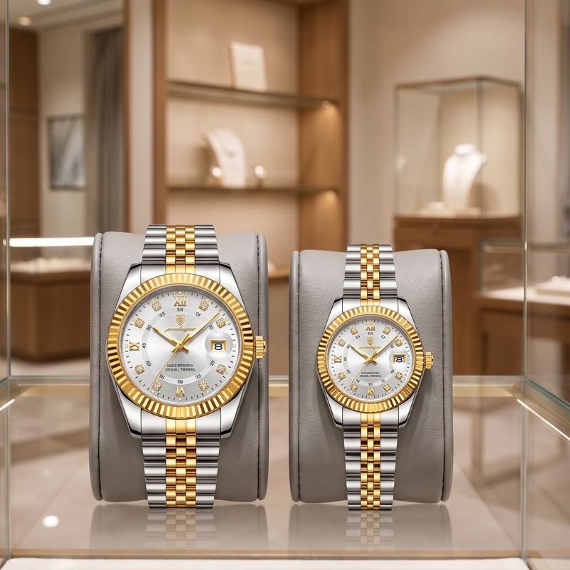 Kit relógios Poedagar Royal Duo Gold White para casal — mostrador e pulseira em aço