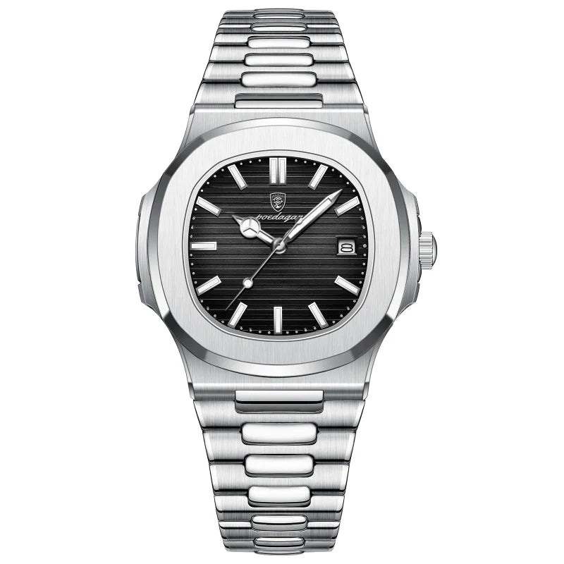 Relógio masculino Poedagar Nautilus Black em aço inoxidável, mostrador preto