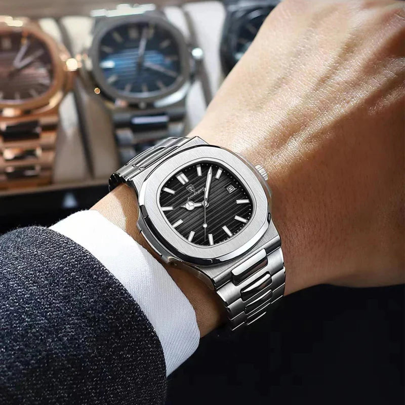 Relógio masculino Poedagar Nautilus Black em aço inoxidável, mostrador preto — vista detalhada